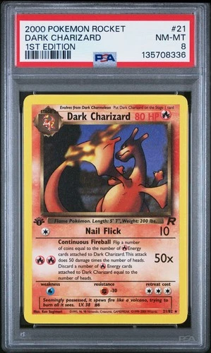 2000 POKEMON ROCKET 1ST ED #21 DARK CHARIZARD PSA 8