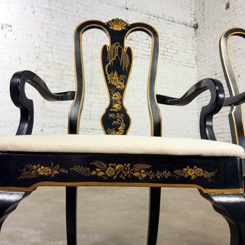 Coppia di poltrone stile georgiano chinoiserie host e hostess telaio laccato nero - Foto 20 di 24
