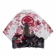 Niepce Streetwear Japanese Black Kimono Graphic Tee Fish Short Sleeves Shirt