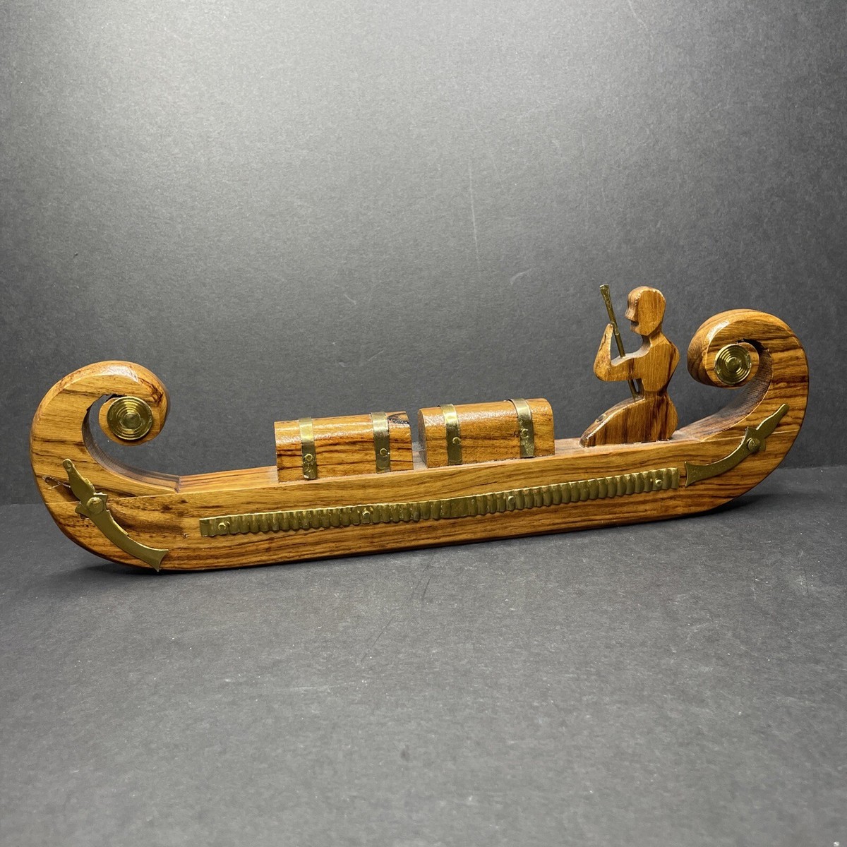 Hand-Carved Solid Wood & Brass Viking Boat With Treasure 12