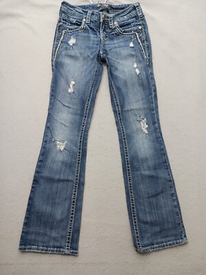 Silver Jeans Women's Jeans Aiko Bootcut W25/L31 Blue Distressed Rhinestone Stud