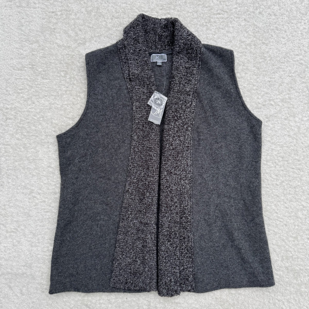 JM Collection Boiled Wool Open Cardigan Vest Sleeveless NEW Womens L Gray