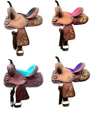 8" Kids Youth Western Horse Barrel Saddle Leather Tack Set Black Pink Turquoise