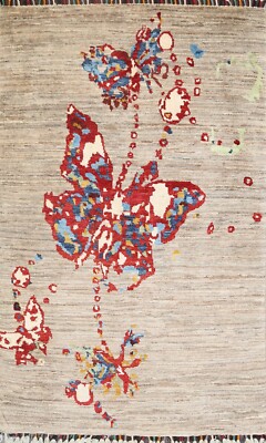 Abstract Taupe Color Butterfly Modern Oriental Area Rug Hand-Knotted Wool 3'x4'