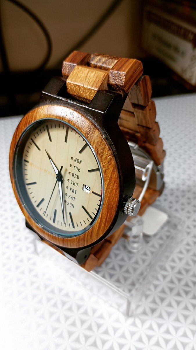 WoodWelt Sinclair Watch Men 46mm Quartz Wood Brown Day Date New