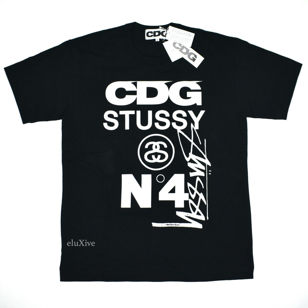 NWT Comme des Garcons CDG Stussy No. 4 Logo Black T-Shirt NWT Comme des Garcons CDG Stussy No. 4 Logo Black T-Shirt