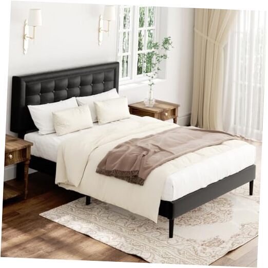 Size Bed Frame with Headboard, Platform Bed Frame with Velvet Queen Black