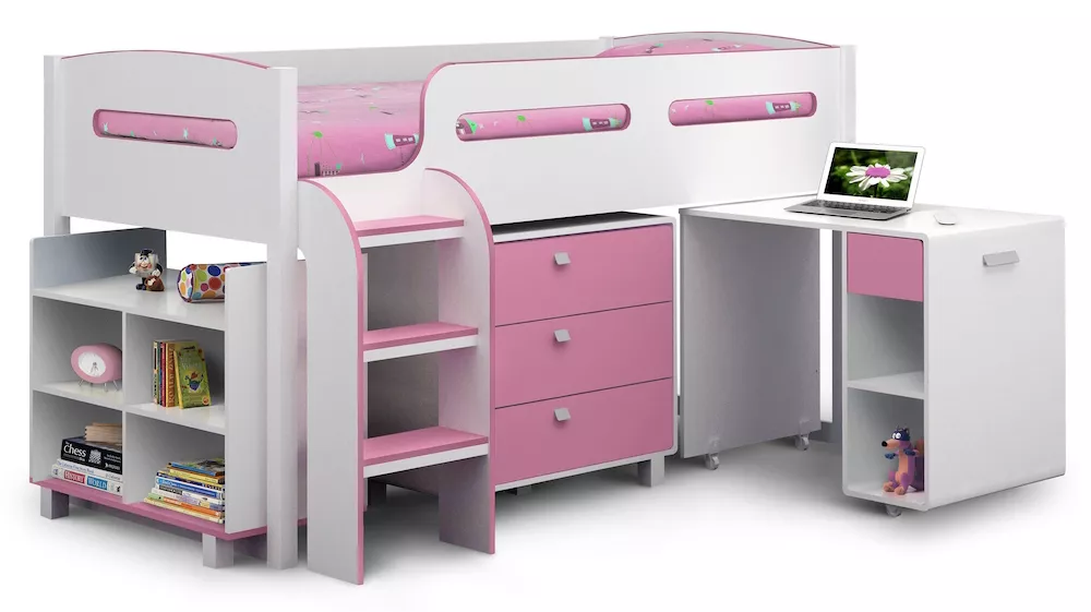 Blue or Pink Child Cabin Bed with Desk Shelves and Drawers 3ft