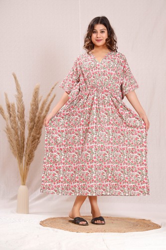 Breathable Cotton Bagru Print Caftan Cotton Dress Floral Kaftan Poncho Dress - Picture 3 of 9