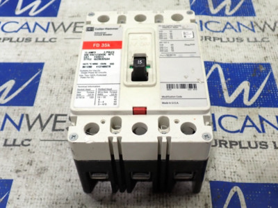 Cutler Hammer FD3015 3 Pole 15 Amp 600 Volt 35kA@480V Circuit Breaker - Tested