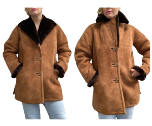 Vintage Sheepskin Coat Size 14 16 Mocha Tan 1970s Shearling Winter Jacket 2.3 KG - Picture 1 of 12