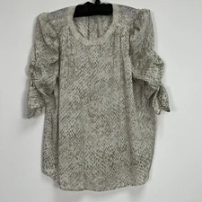 AVEC LES FILLES Womens Medium Blouse Printed Puff Elbow-Sleeve Crinkle Sheer Top