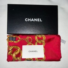 CHANEL Vintage Logo Red Chain Pattern Silk Scarf/Stole W/Box and Card