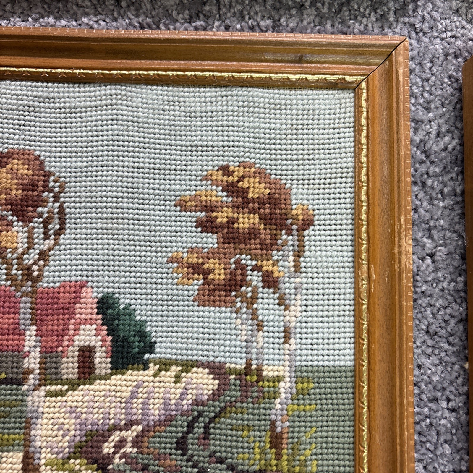Four Season Needlepoint 11” Framed Pictures Winter Spring Summer Fall Signed
