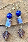 Bronze Earrings with Amber Leaves and Blue Lapis Stone Beads. Fall.