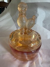 Jeanette Marigold Carnival Glass Poodle Dog Covered Powder Trinket Dish Jar 6" H