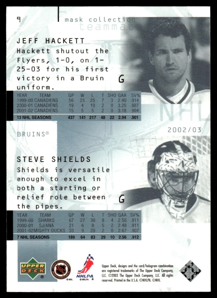 2002-03 Upper Deck Mask Collection Steve Shields/Jeff Hackett Boston Bruins #9 - Image 2 of 2