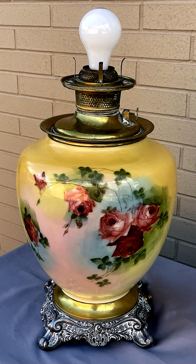 Antique GWTW Hand Painted Electrified Fostoria Kerosene Oil Parlor