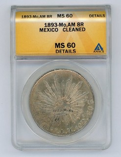 MEXICO 1893 Mo AM 8 R MEXICO CITY COIN SLABBED ANACS MS 60 DETAILS KM#377.10