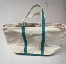 Vintage 80s L.L. Bean Boat  Tote Canvas Aqua Blue  Cream Bag Large USA