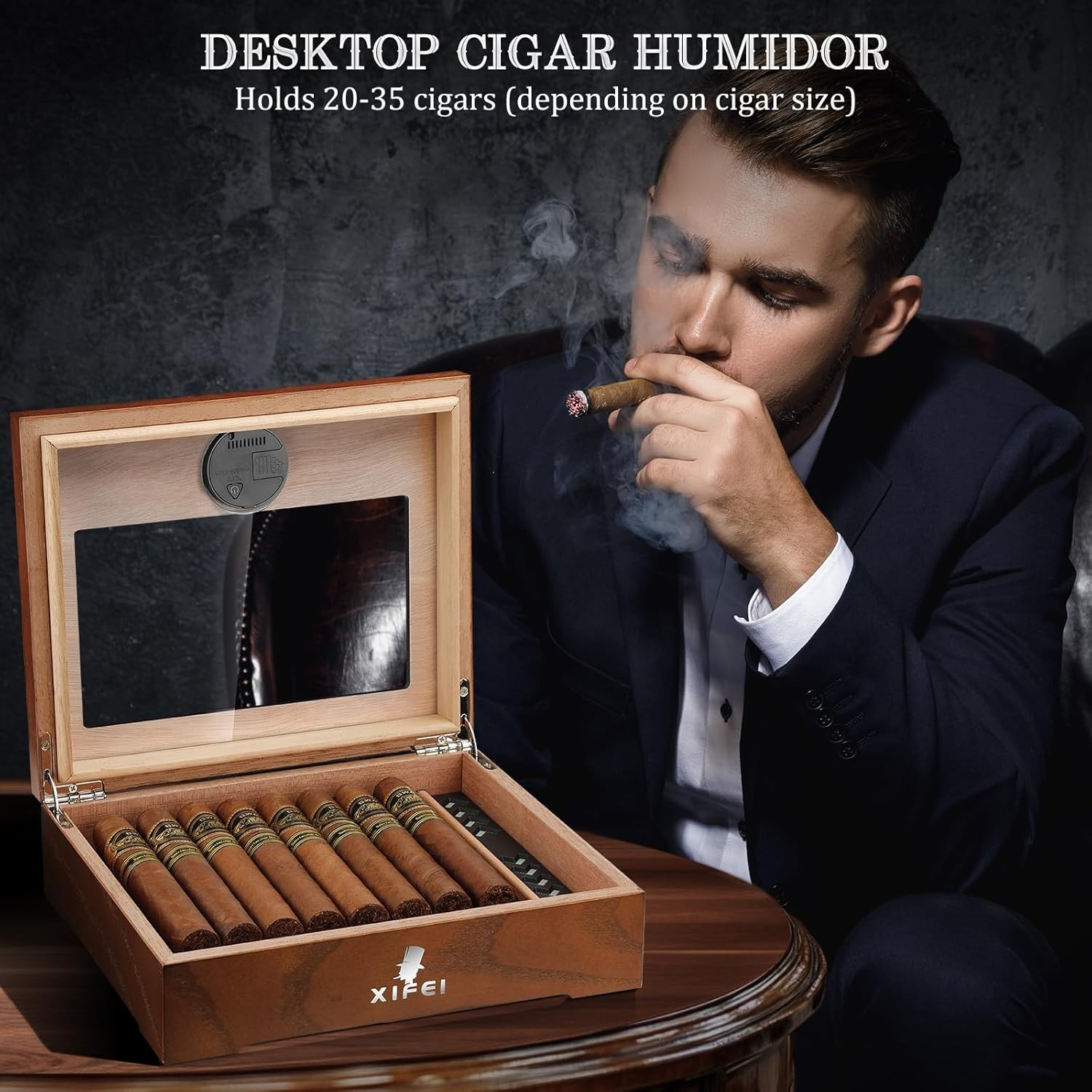 Desktop Cigar Humidor Cedar Wood Cigar Box with Digital Hygrometer & Humidifier