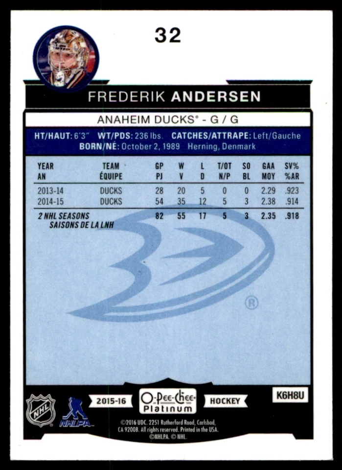 2015-16 O-Pee-Chee Platinum Frederik Andersen Anaheim Ducks #32 - Image 2 of 2