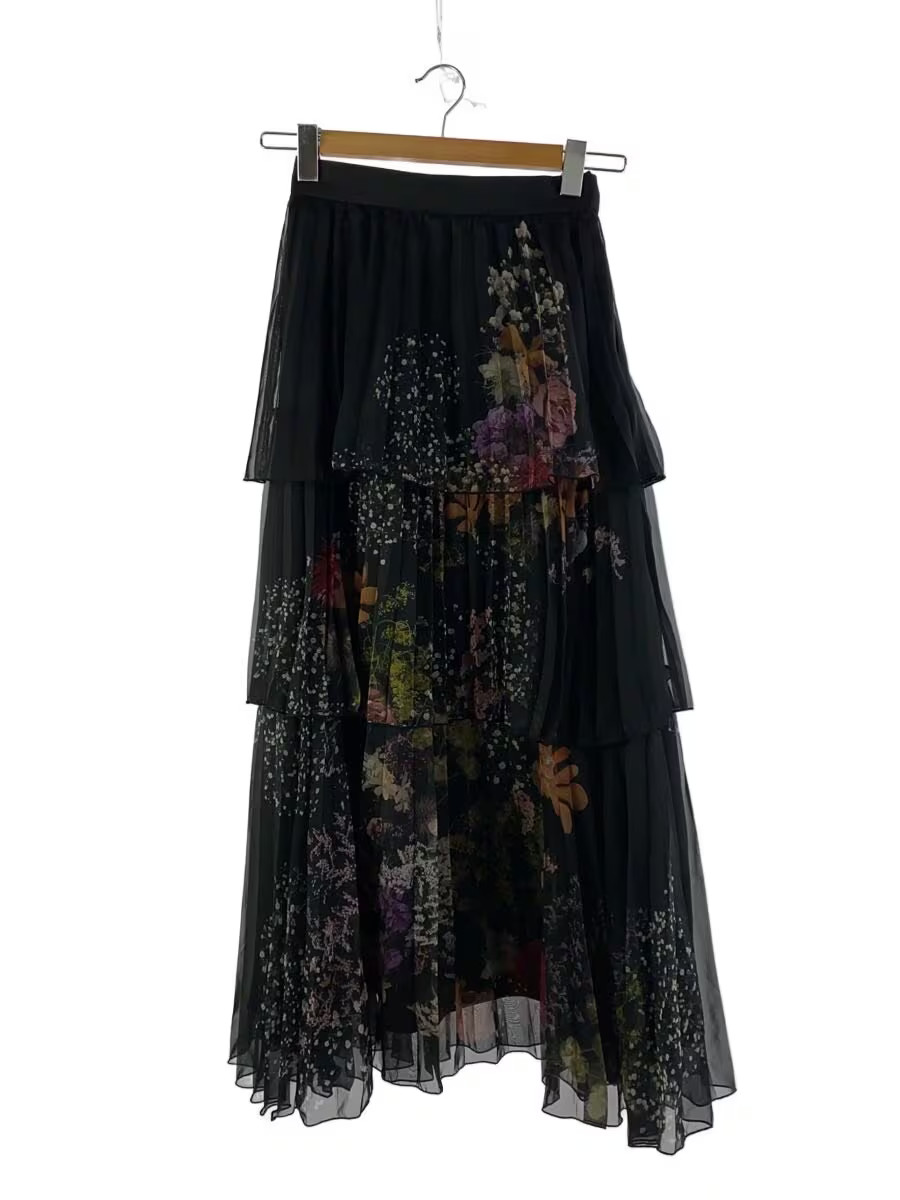 AMERI Long Skirt, Size S, Polyester, Black, Flora… - image 1