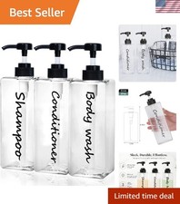 21oz Modern Bathroom Dispenser Set of 3 - BPA-Free Black Plastic Shampoo Bottles