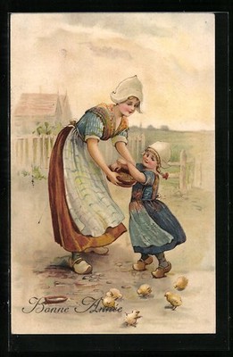 Artist postcard Dutch mother with child feeding chicks 1914 
