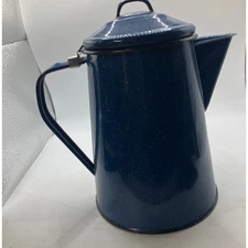 Vintage Blue Enamelware Coffee Percolator Camping Pot with Basket