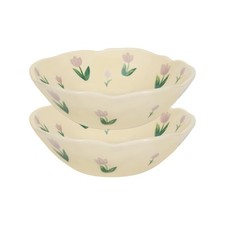 Koythin Salad Bowls Set of 2, Cute Purple Tulip Flower Ceramic Bowls, Cream Yell