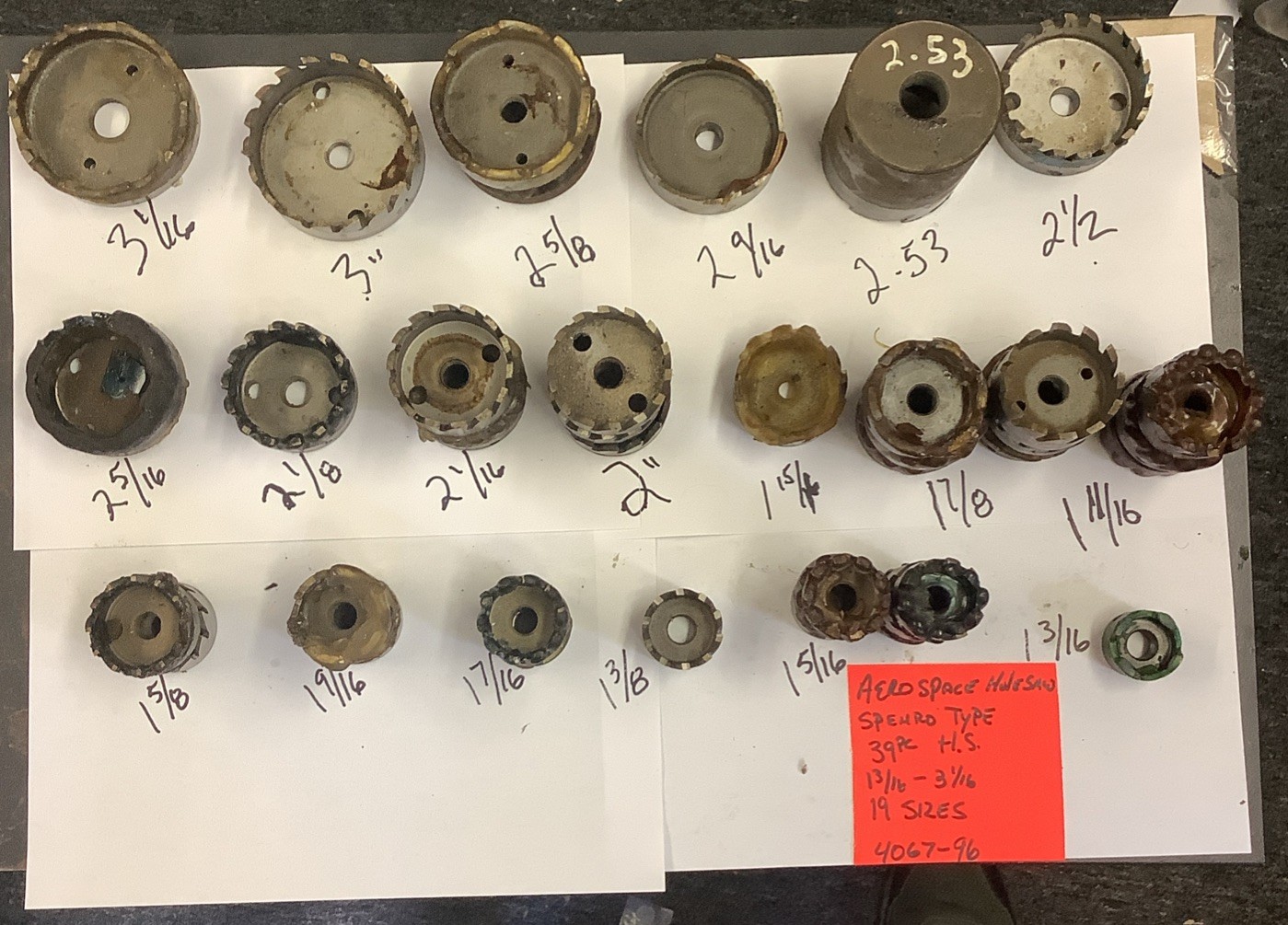 Aerospace Hole Saw Spenro Type, 39 PC In Lot, 19 Sizes, H.S. 4067-96