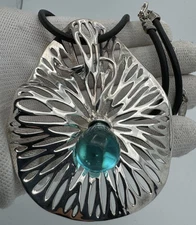 HUGE  Hagit Gorali Israel Sterling Silver Blue Kalos Lily Pad Pendant Necklace