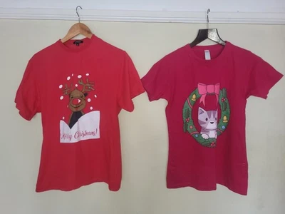 2 x Women's Christmas Xmas Tee Shirts Medium - Christmas Cat And Reindeer - Image 1 of 4