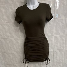 Brown Ribbed Knit Bodycon Mini Dress Ruched Drawstring Short Sleeve Crew Neck