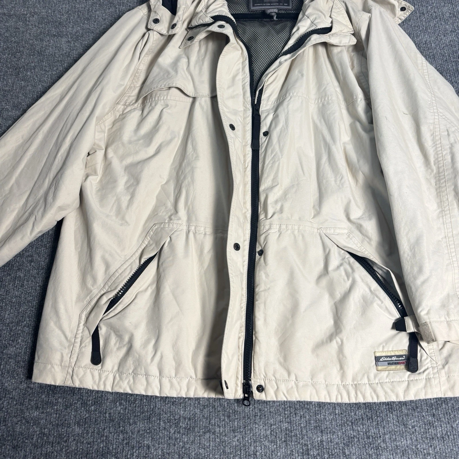 Eddie Bauer Jacket Weather Edge Mens XL Beige Waterproof Hooded Fall Gear