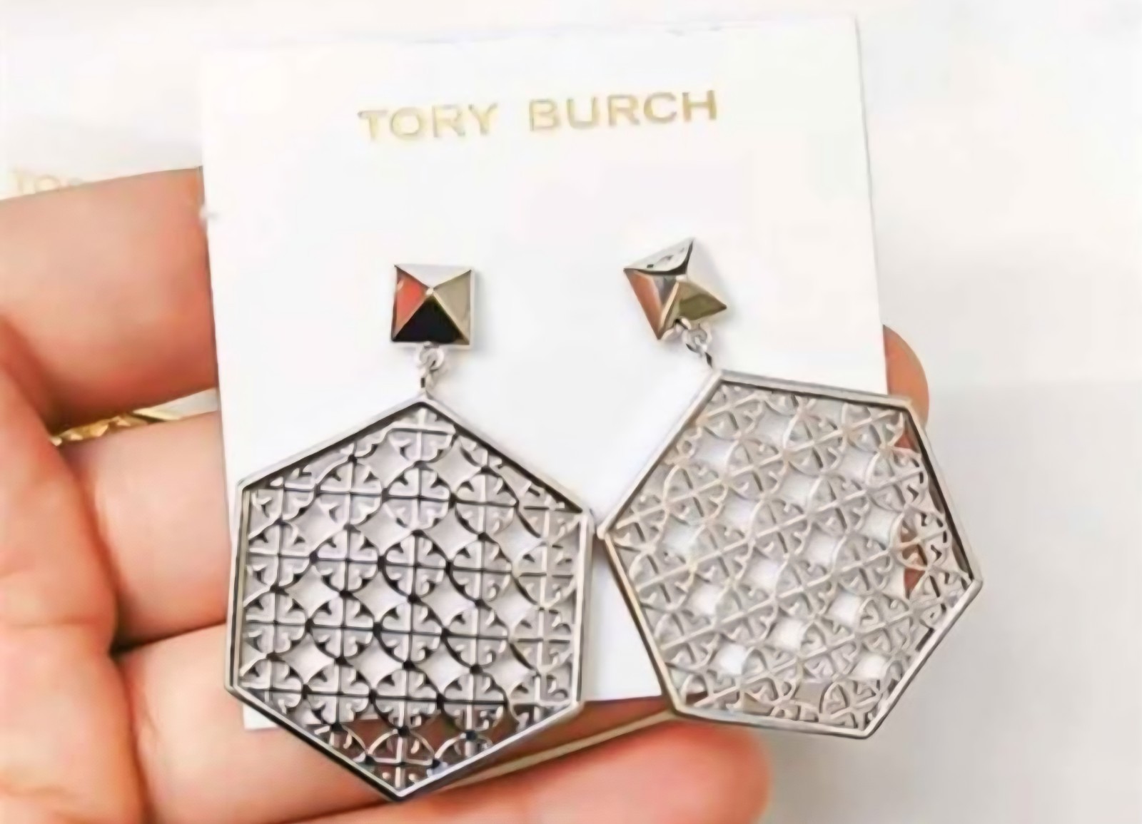 Tory Burch Silver Tone Hexagon Dangle Drop Earrings Butterfly Closure Metal