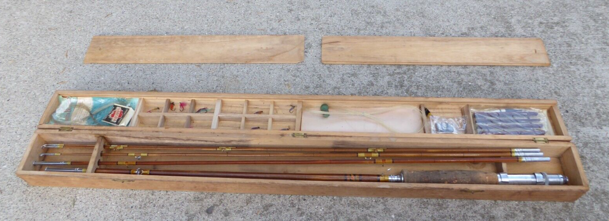 Vintage SAKURA Bamboo Fly Fishing Rod In WOOD Case w/ Lures Vintage SAKURA Bamboo Fly Fishing Rod In WOOD Case w/ Lures