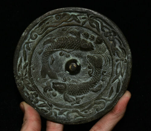 11.5CM Ancient Chinese Bronze Dynasty Two Fish Goldfish Lucky Bronze Mirror - Picture 1 of 4