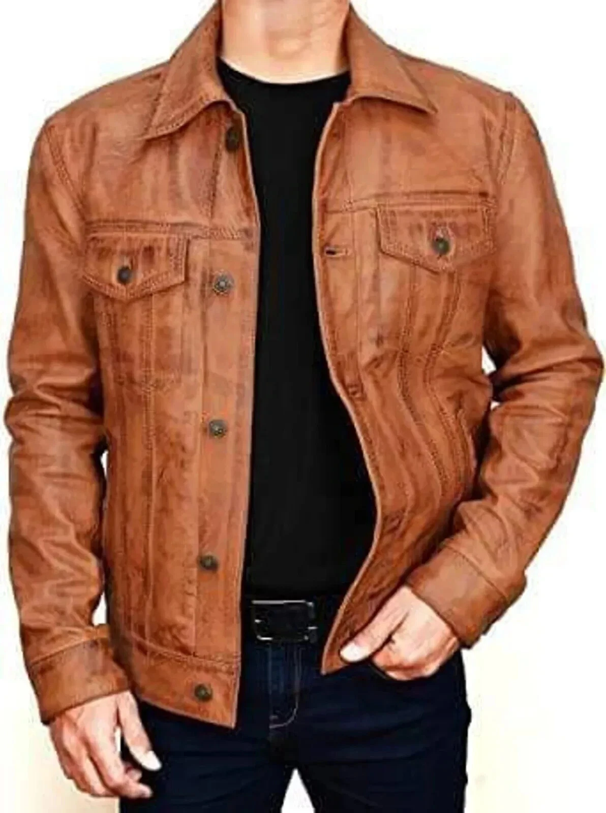 Men's Brown Distressed Leather Jacket Biker Trucker Genuine Lambskin Jacket 02