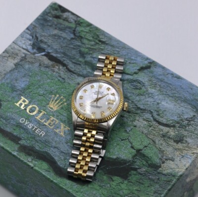Men s Rolex Oyster Watch with 10 Diamonds & White Face, Date, 18K Gold + Steel