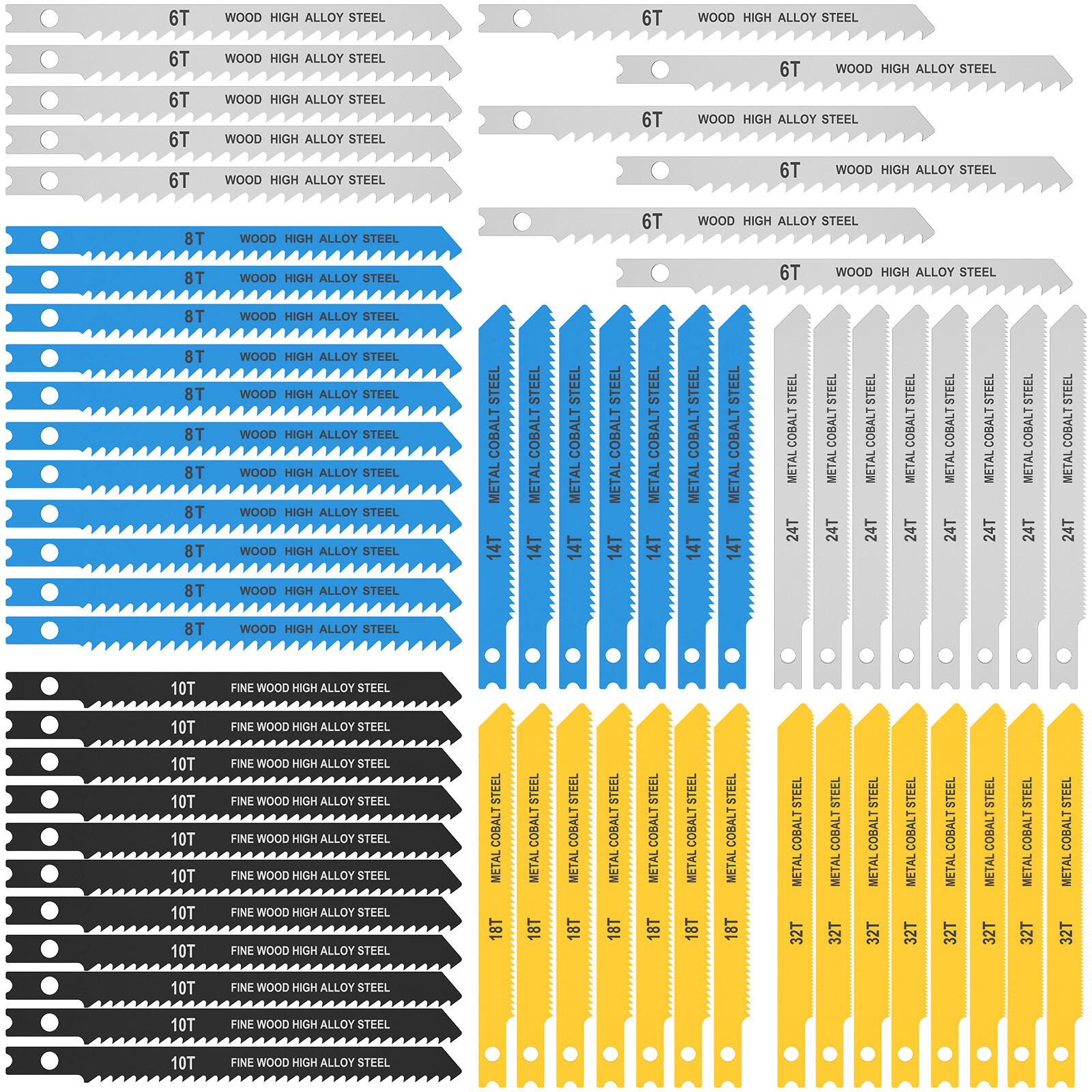 63Pcs UShank Jig Saw Blades Set Metal Wood Plastic HSS/HCS Jigsaw