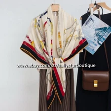 Sallys 70% Cashmere 30% Silk Wrap Scarf Chains Print Double Face Shawl 53" Red