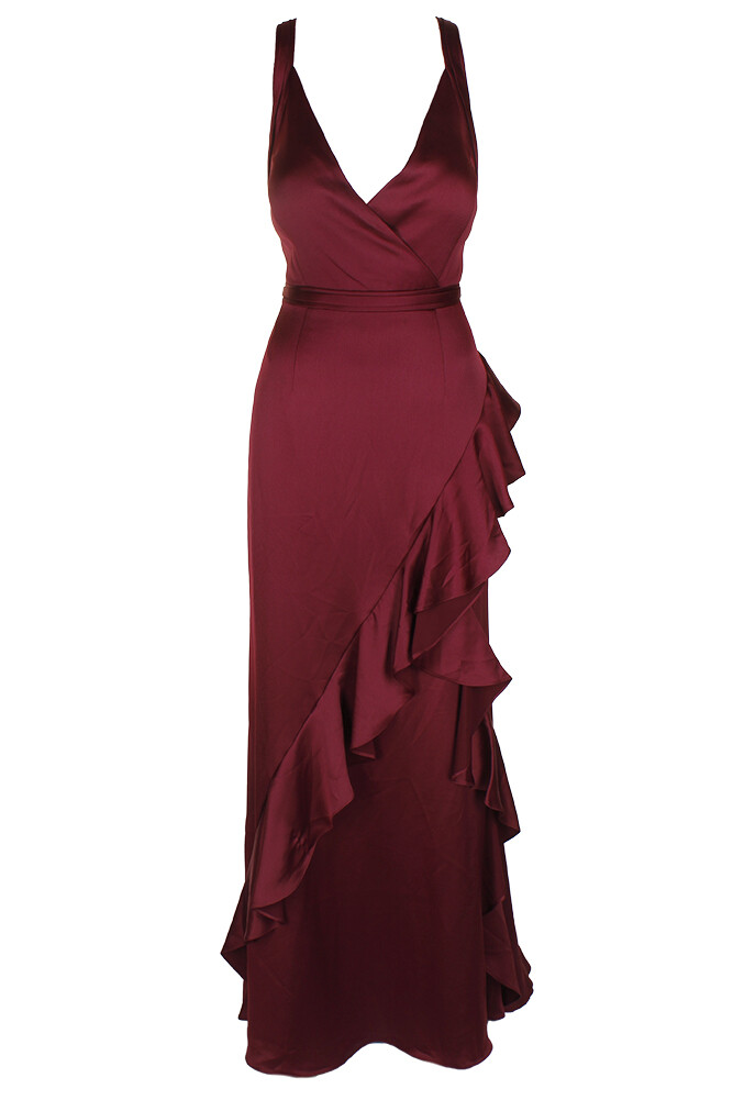 Aidan Mattox Wine Sleeveless Crisscross Back Ruffled Satin Halter Gown 10 Aidan Mattox Wine Sleeveless Crisscross Back Ruffled Satin Halter Gown 10