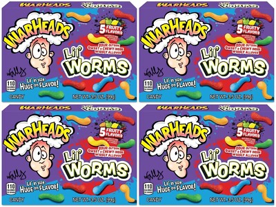 4x Warheads Lil' Worms 5 Fruity Flavors Chewy Candy Theater Box 99g Sour & Sweet