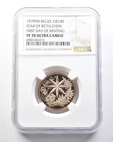 1979 FM Belize 100 Dollars Gold Star Of Bethlehem 1st Day Minting PF70 NGC *5365