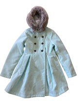 Cat and Jack Girl's Winter Coat XL 14/16 Mint Faux Fur Trim Hood Double Breasted