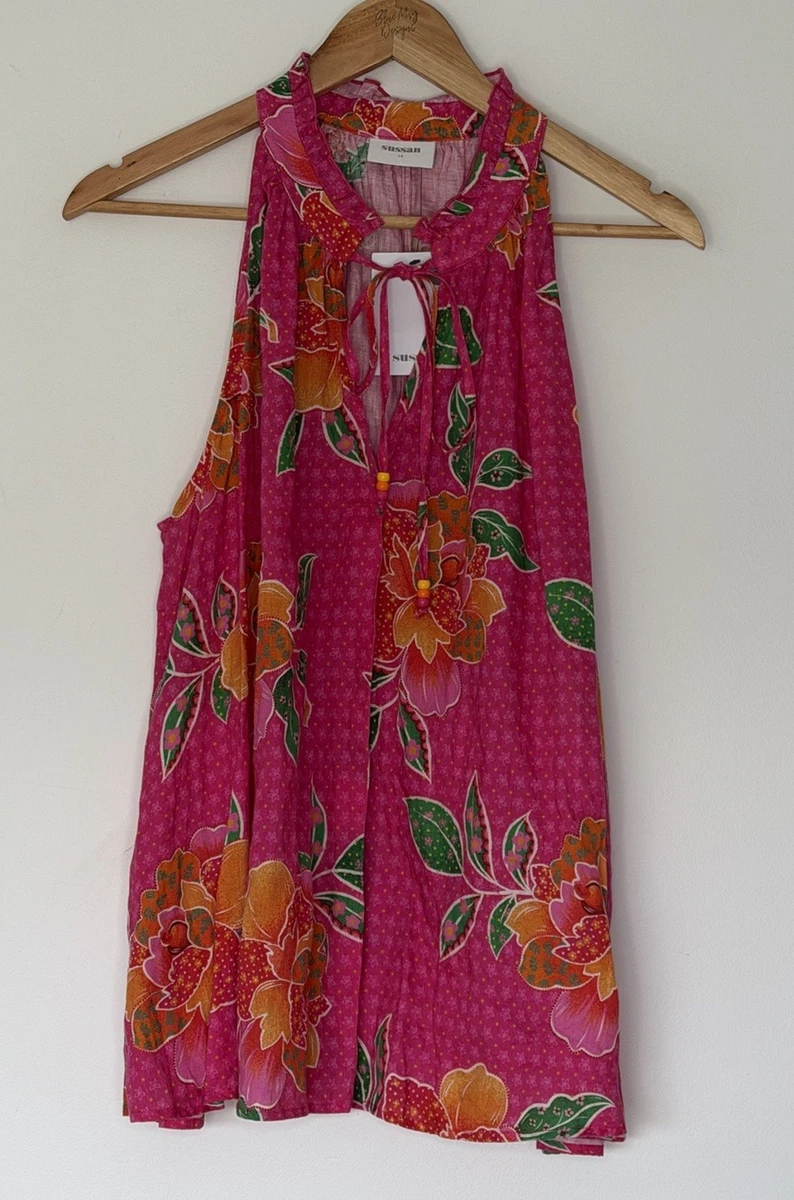 Sussan NWT 100% Linen Fuchsia Floral Ruffle Boho Tie Neck Sleeveless Top Sz 14