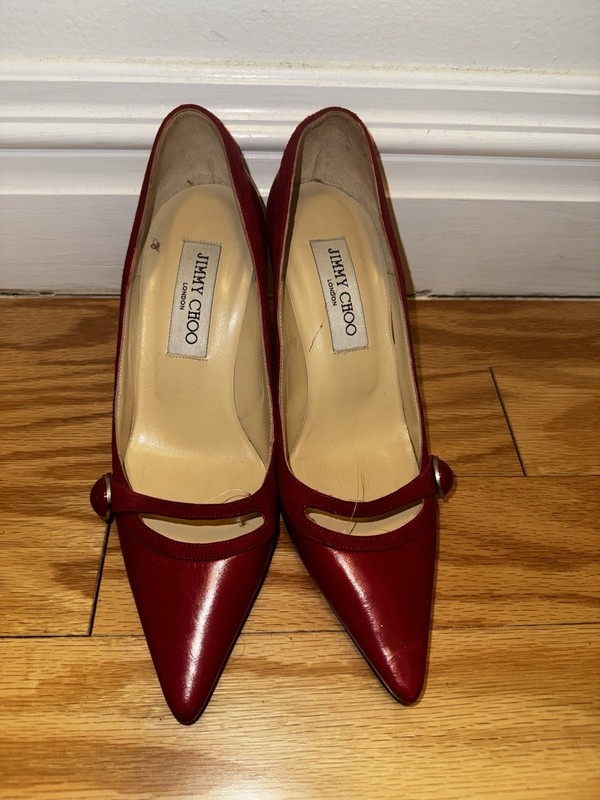 Jimmy Choo Women’s Red Leather Cut-Out Pointed Toe Stiletto Pumps EU 35 US 5.5
