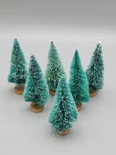 Lot Of 6 Christmas Village 4" Frosted Christmas, Evergreen Trees w/ Wood base